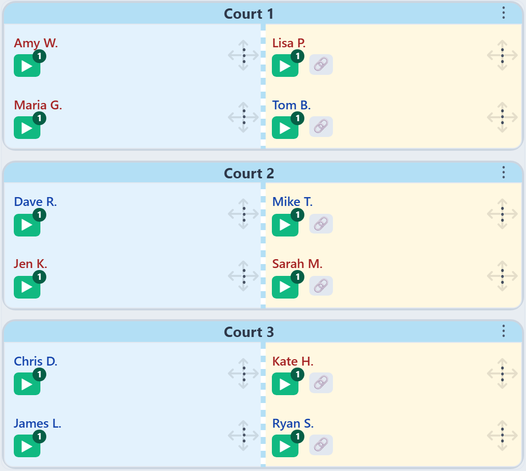 PickleMixer couples night: three courts, each with a linked fixed-partner pair carrying the link badge and placed on the same team, facing solo players who rotate freely