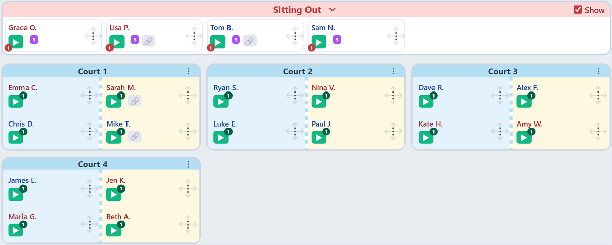 PickleMixer round with linked fixed partners: paired players carry a link badge and land on the same team every mix