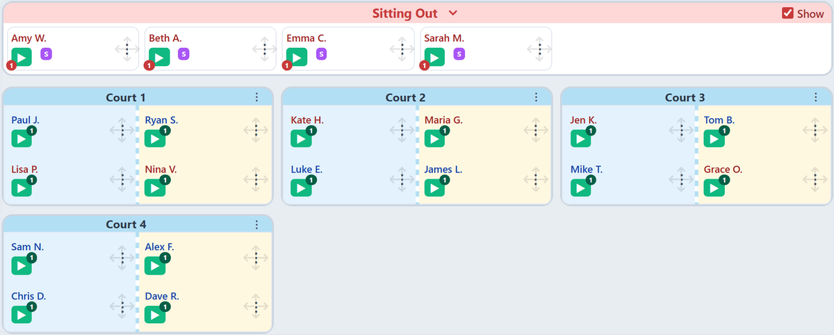 PickleMixer round with gender-based court options: mixed doubles teams pairing one man with one woman, alongside an all-men court