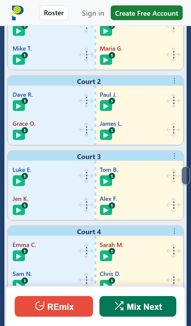 PickleMixer on a phone showing pickleball court assignments with drag-and-drop handles on every player