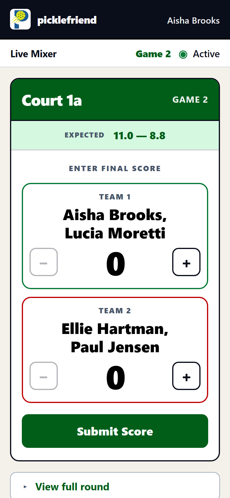 A player's phone during a Nonstop night showing their court and side, their partner and opponents, and score steppers to report the result
