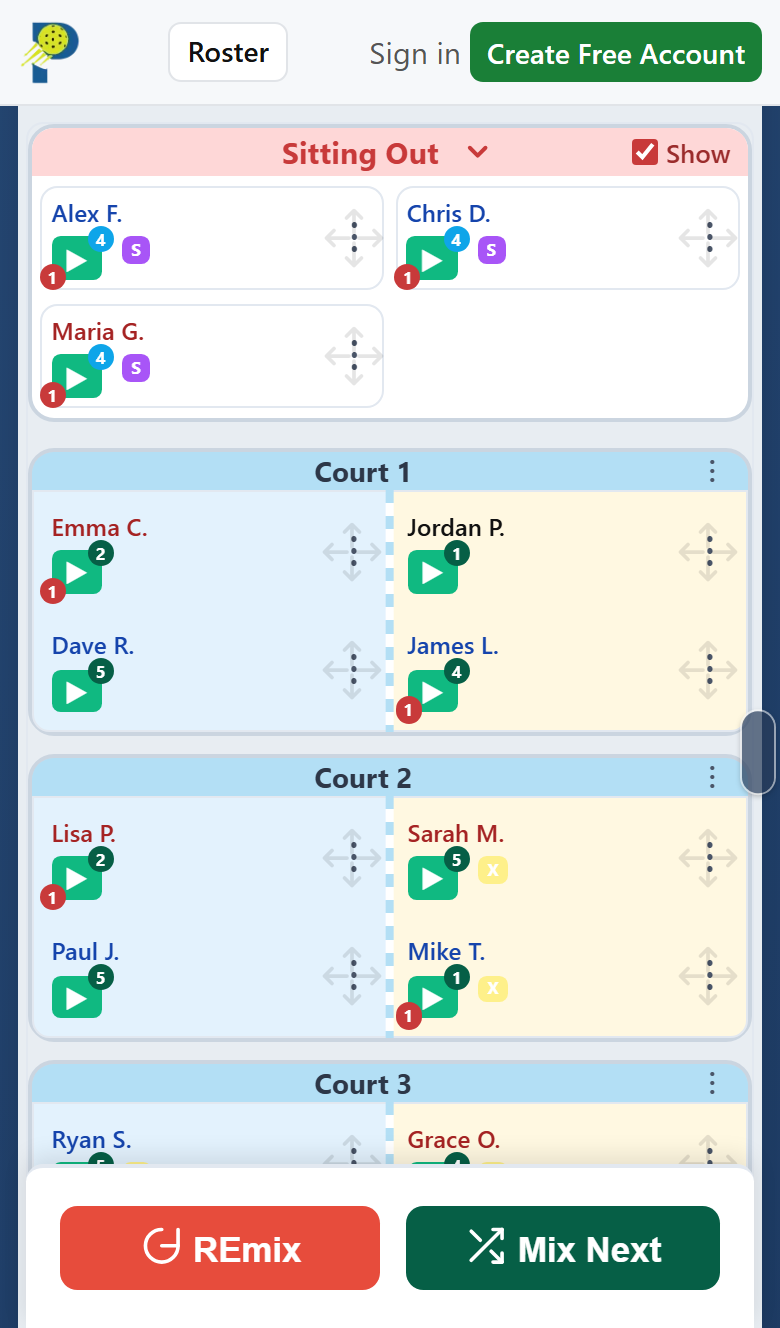 PickleMixer on a phone during pickleball open play: three players sitting out this round, a walk-in already on Court 1, and play counts on every name