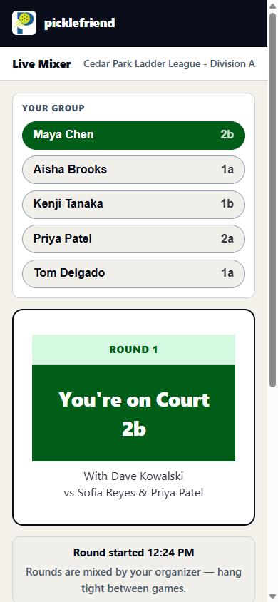 A player's phone after QR check-in showing their court for the round, teammates and opponents, and buttons to request a sit-out or say they are leaving