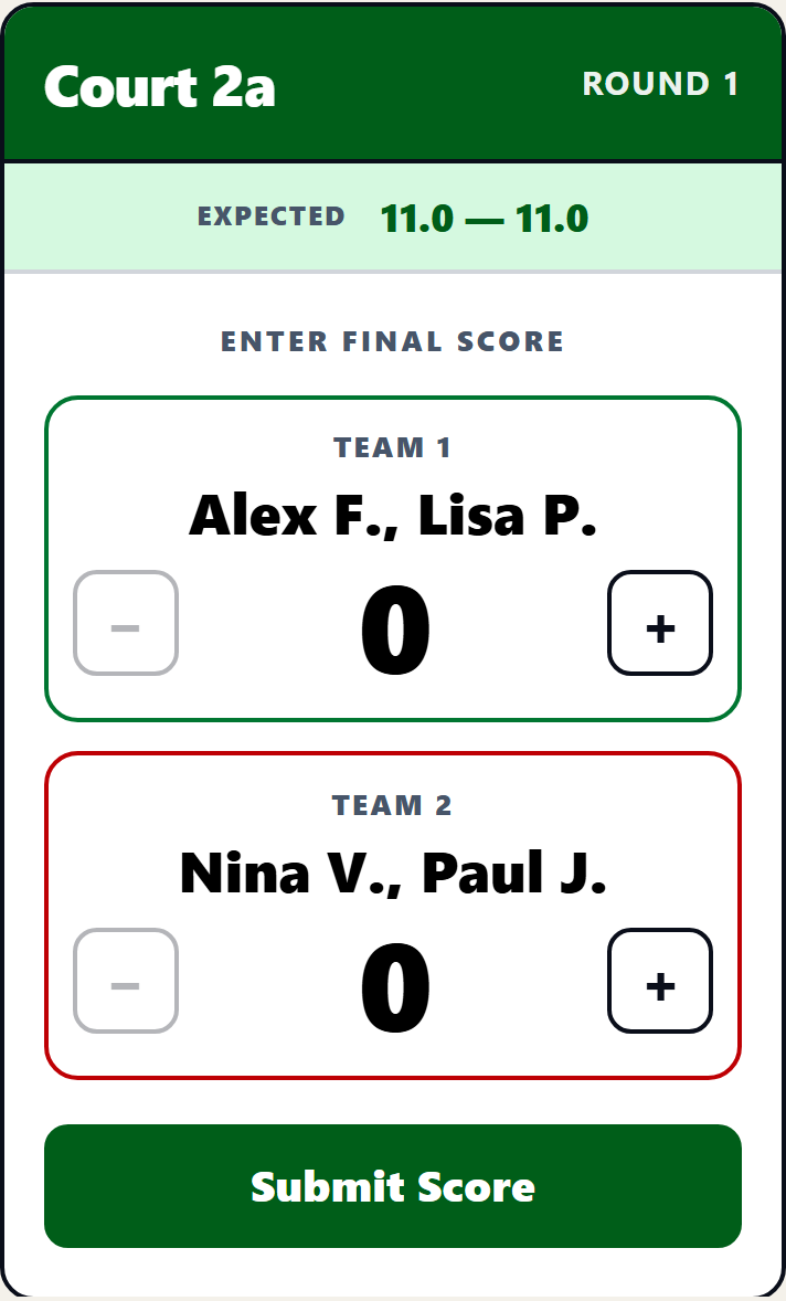 PickleMixer player score entry on a phone: the player's court and matchup with score steppers and a submit button, opened from a personal link or QR code