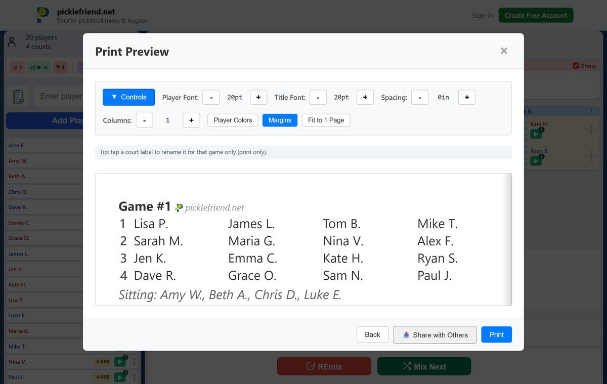 PickleMixer print preview of a one-page round sheet listing each court's matchup and the sitting players
