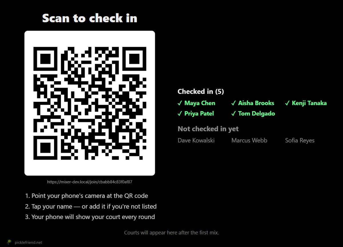 PickleMixer big-screen check-in: players scan a QR code on the TV to check themselves in, and the screen ticks off who has arrived
