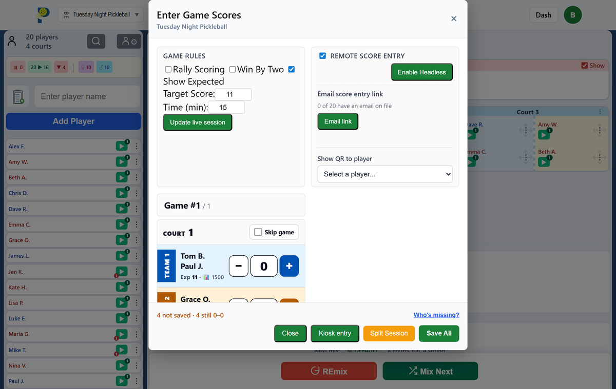 PickleMixer score entry showing game rules, remote score entry with QR codes, and per-court score steppers